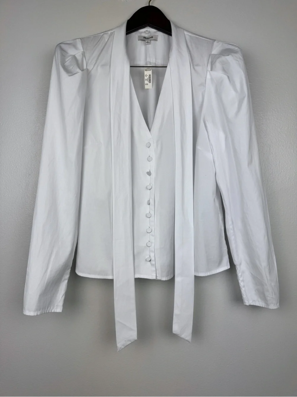Madewell V-Neck Button Front Puff Sleeve Removeable Necktie Top White Size M NWT